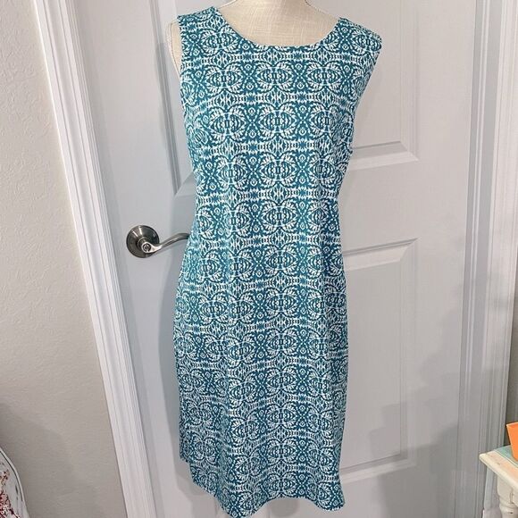 Harper 241  Teal and White Batik Patterned sheath Sleeveless Midi Dress SZ 16 - Picture 1 of 9